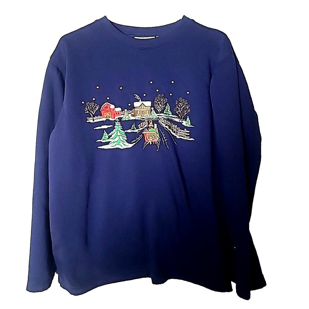 Basic Editions Holiday Granny Blue Christmas Pullover‎ Sweatshirt Womans Medium